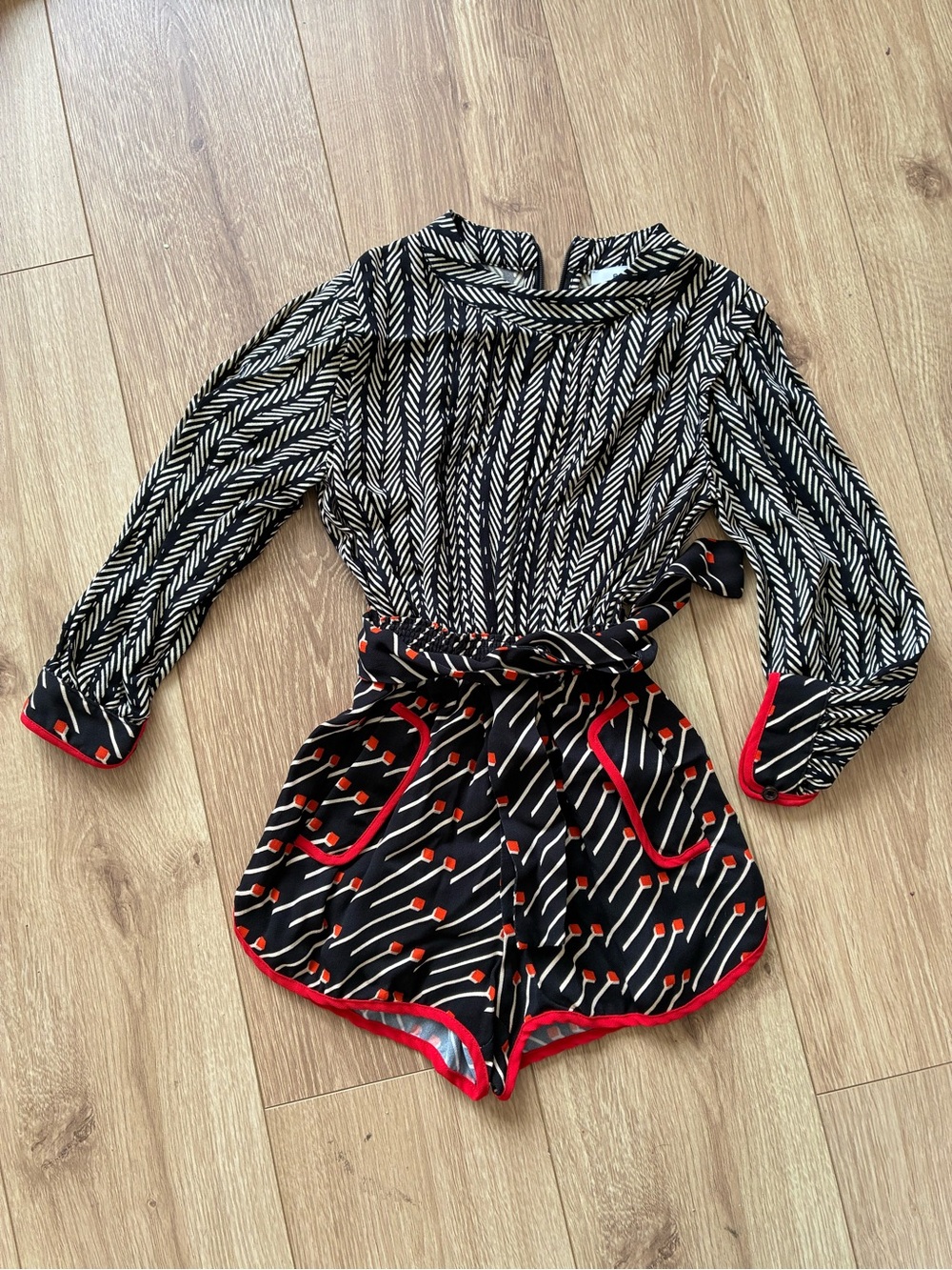 Reiss Black and White Patterned Kids One Piece Romper with Red Trim